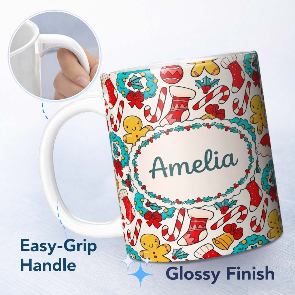Personalized Custom Name Cute Gingerbread Wreath Bell Candy Cane Seamless Pattern Festive 11oz Ceramic Coffee Tea Mug White Large Handle