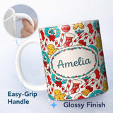 Personalized Custom Name Cute Gingerbread Wreath Bell Candy Cane Seamless Pattern Festive 11oz Ceramic Coffee Tea Mug White Large Handle