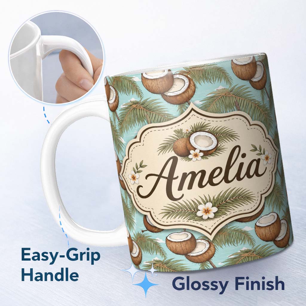 Personalized Custom Name Coastal Coconut Palm Tree Illustration on Sky Blue Beach Scene 11oz Ceramic Coffee Tea Mug White Large Handle
