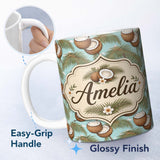 Personalized Custom Name Coastal Coconut Palm Tree Illustration on Sky Blue Beach Scene 11oz Ceramic Coffee Tea Mug White Large Handle