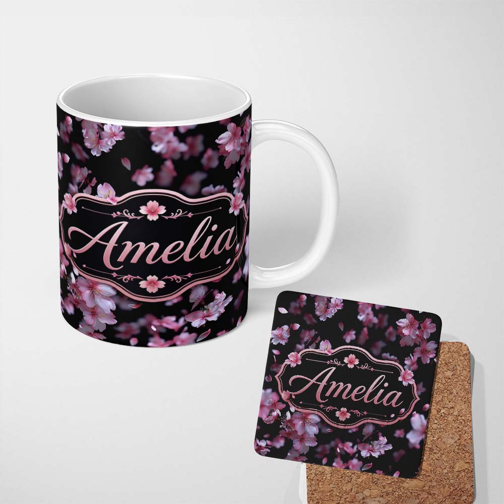 Personalized Custom Name Soft Pink Cherry Blossom Flowers on Dark Background Elegant Floral 11oz Ceramic Coffee Tea Mug White Large Handle