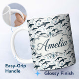 Personalized Custom Name Realistic Orca Whale Water Reflection Seamless Pattern Ocean Lovely 11oz Ceramic Coffee Tea Mug White Large Handle