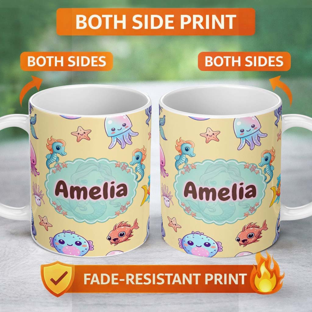 Personalized Custom Name Cute Kawaii Mermaid Seahorse Jellyfish and Starfish Soft Yellow 11oz Ceramic Coffee Tea Mug White Large Handle