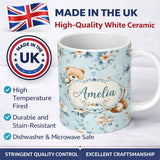 Personalized Custom Name Cute Teddy Bears with Blue Floral Background Seamless Pattern Lovely 11oz Ceramic Coffee Tea Mug White Large Handle
