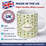 Personalized Custom Name Watercolor Avocado Pear Leaf Botanical Seamless Pattern Lovely 11oz Ceramic Coffee Tea Mug White Large Handle