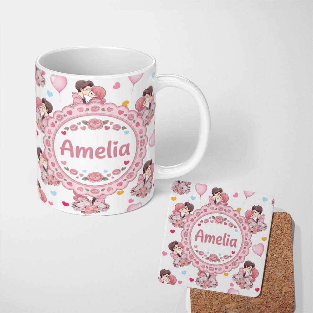 Personalized Custom Name Romantic Couple Kissing Floral Bouquet Hearts Seamless Pattern Grey 11oz Ceramic Coffee Tea Mug White Large Handle