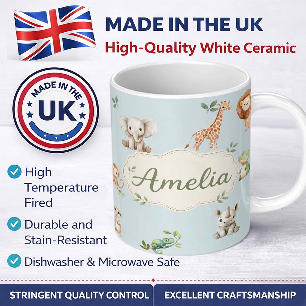 Personalized Custom Name Safari Animals with Elephant Lion and Crocodile on Soft Blue Lovely 11oz Ceramic Coffee Tea Mug White Large Handle