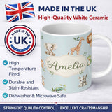 Personalized Custom Name Safari Animals with Elephant Lion and Crocodile on Soft Blue Lovely 11oz Ceramic Coffee Tea Mug White Large Handle