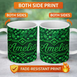 Personalized Custom Name Layered Green Square Abstract Geometric Seamless Pattern Lovely 11oz Ceramic Coffee Tea Mug White Large Handle