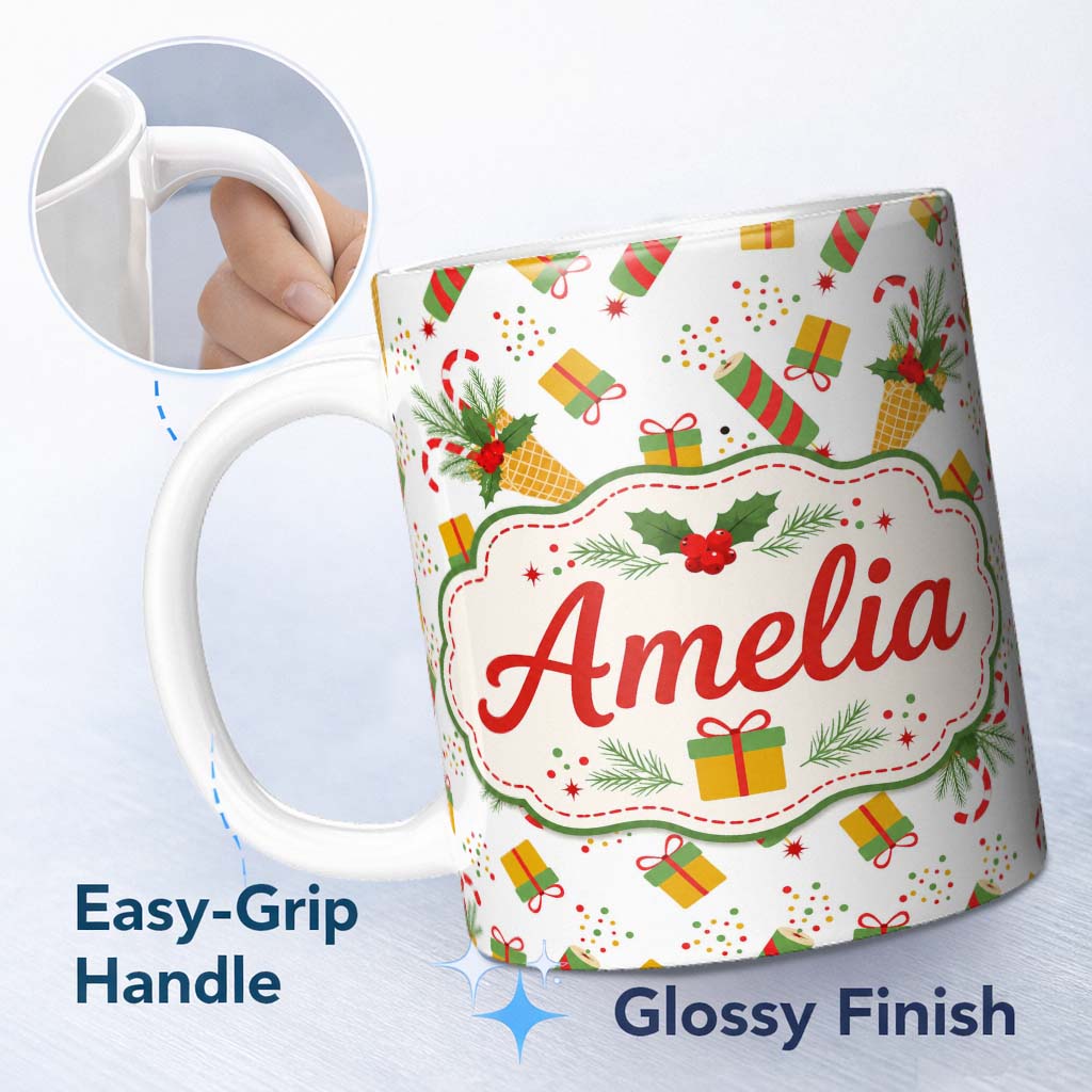 Personalized Custom Name Christmas Candy Cane Ice Cream Cone Holly Gift Seamless Pattern 11oz Ceramic Coffee Tea Mug White Large Handle