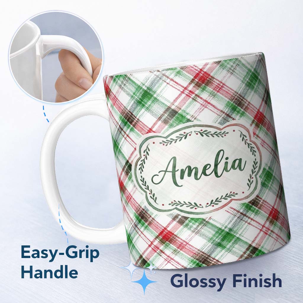 Personalized Custom Name Classic Red Green Watercolor Plaid Tartan Pattern Festive Textile 11oz Ceramic Coffee Tea Mug White Large Handle