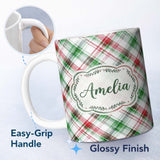 Personalized Custom Name Classic Red Green Watercolor Plaid Tartan Pattern Festive Textile 11oz Ceramic Coffee Tea Mug White Large Handle