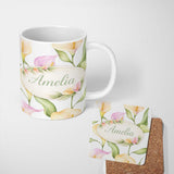 Personalized Custom Name Elegant Calla Lily Botanical Floral Seamless Pattern Lovely 11oz Ceramic Coffee Tea Mug White Large Handle