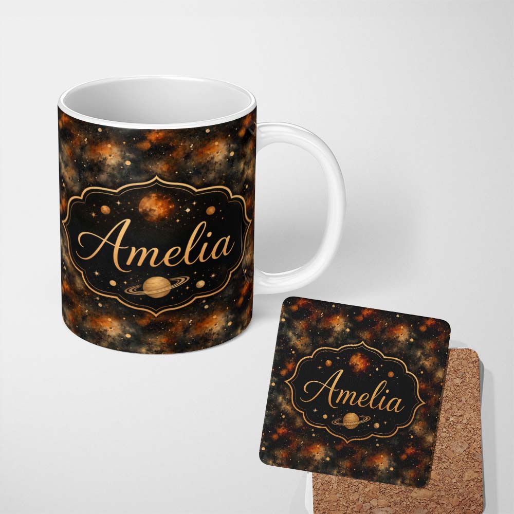 Personalized Custom Name Dark Brown Gold Nebula Galaxy Space Seamless Pattern Moody Cosmic 11oz Ceramic Coffee Tea Mug White Large Handle