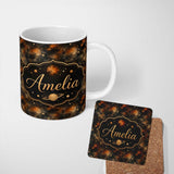 Personalized Custom Name Dark Brown Gold Nebula Galaxy Space Seamless Pattern Moody Cosmic 11oz Ceramic Coffee Tea Mug White Large Handle