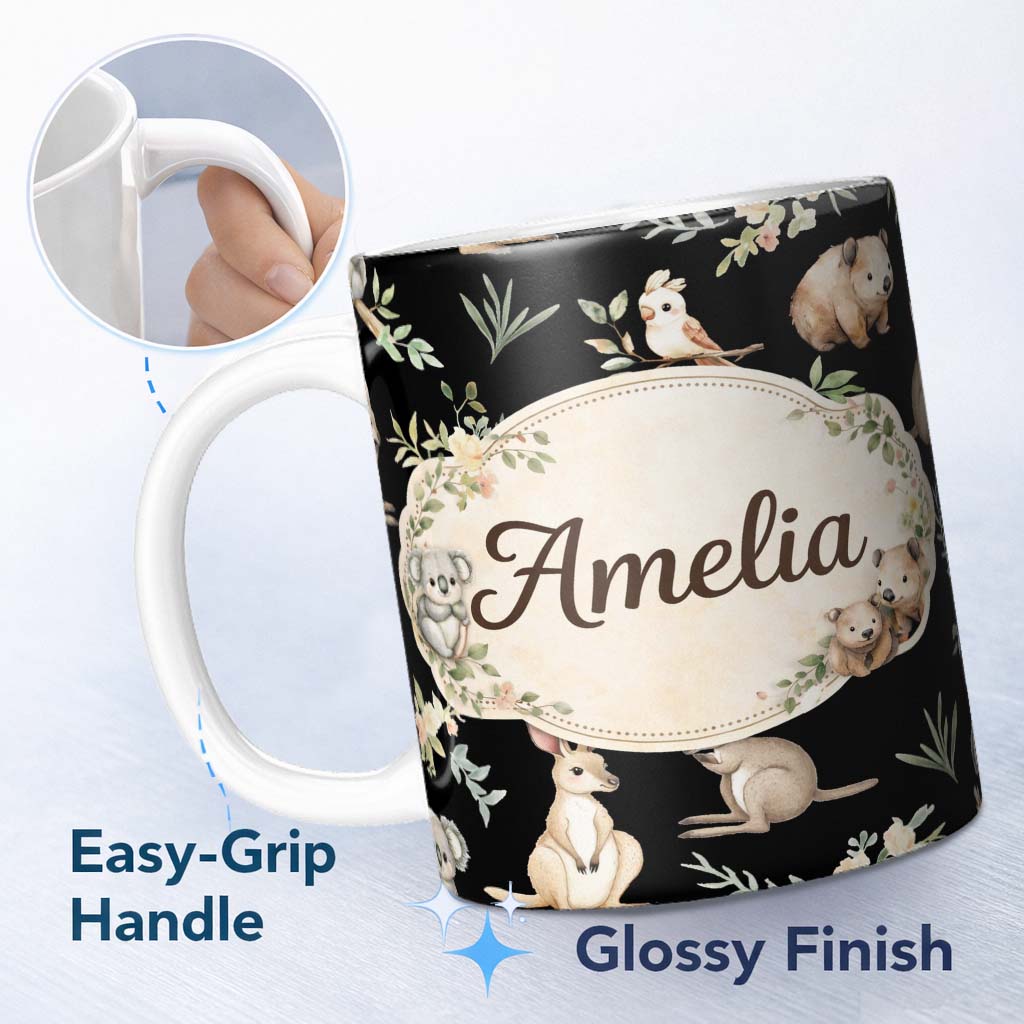 Personalized Custom Name Soft Watercolor Animals Botanical Pattern Charming Kitchen Decor 11oz Ceramic Coffee Tea Mug White Large Handle