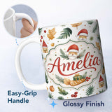 Personalized Custom Name Watercolor Christmas Leaves Santa Hat House Ornament Seamless Lovely 11oz Ceramic Coffee Tea Mug White Large Handle