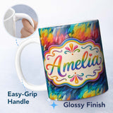 Personalized Custom Name Vivid Rainbow Fluid Art Swirl Pattern Seamless Pattern Lovely 11oz Ceramic Coffee Tea Mug White Large Handle