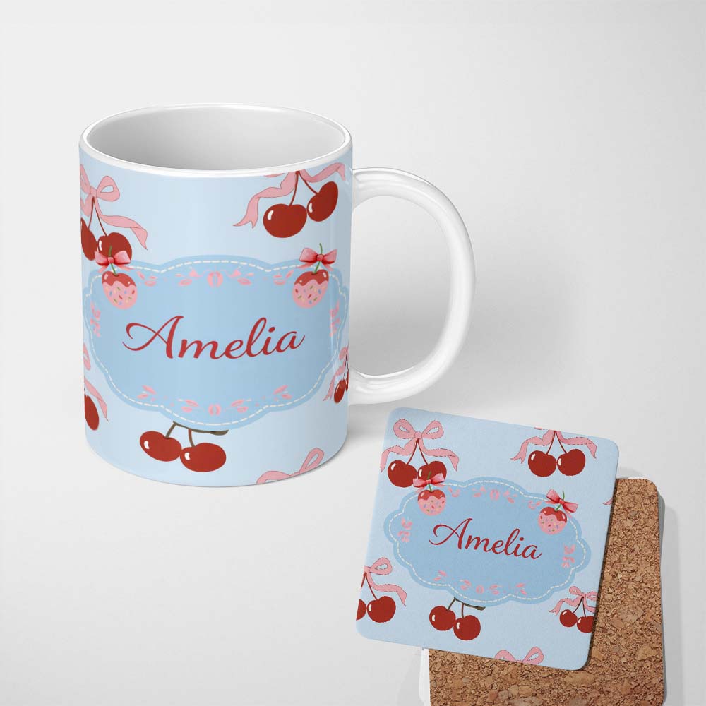 Personalized Custom Name Cherry Bow Ribbon Cute Decorative Cherry Seamless Pattern Lovely 11oz Ceramic Coffee Tea Mug White Large Handle