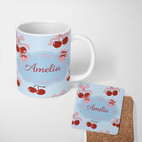 Personalized Custom Name Cherry Bow Ribbon Cute Decorative Cherry Seamless Pattern Lovely 11oz Ceramic Coffee Tea Mug White Large Handle