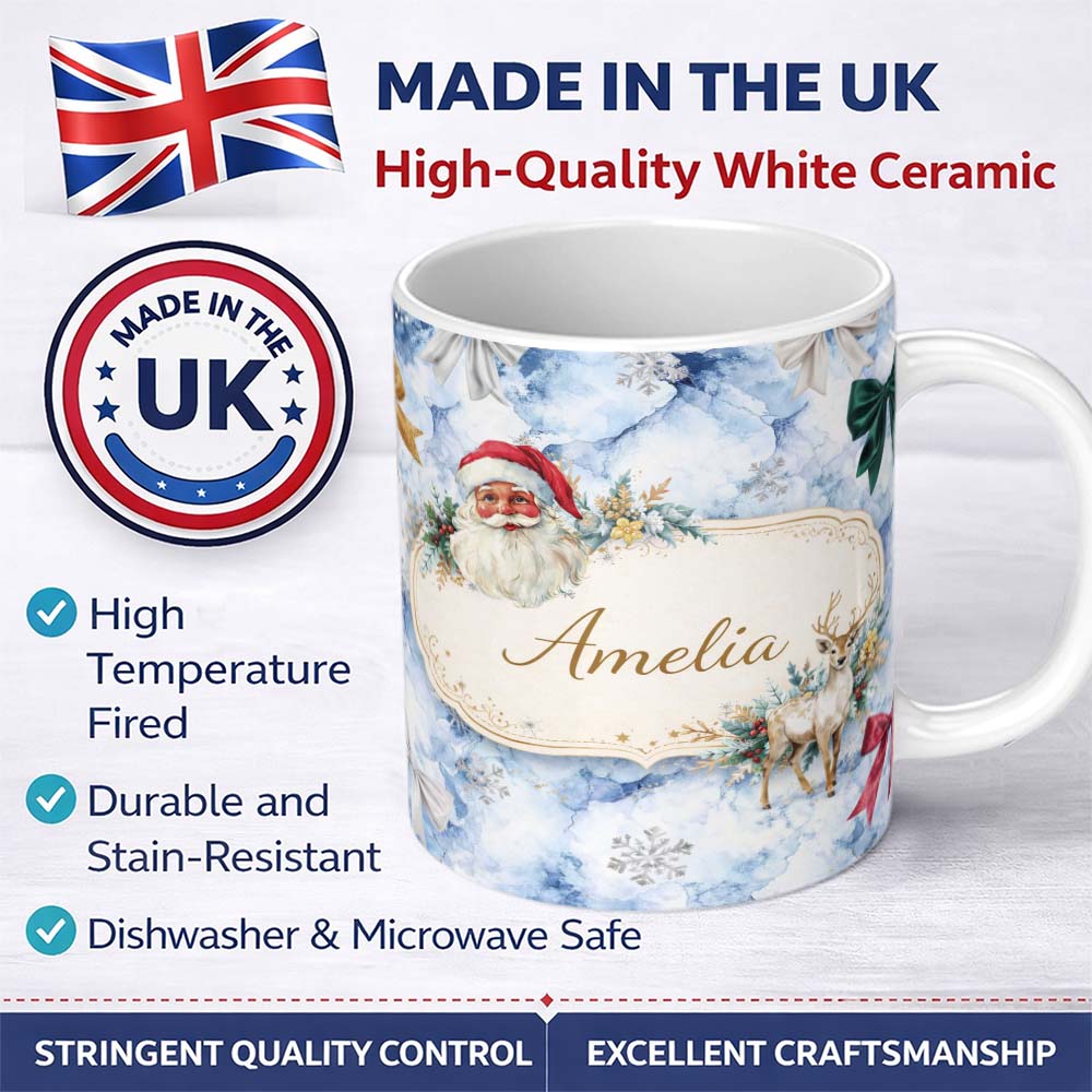 Personalized Custom Name Christmas Santa Reindeer Snowflake Bow Festive Seamless Pattern 11oz Ceramic Coffee Tea Mug White Large Handle