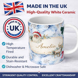 Personalized Custom Name Christmas Santa Reindeer Snowflake Bow Festive Seamless Pattern 11oz Ceramic Coffee Tea Mug White Large Handle