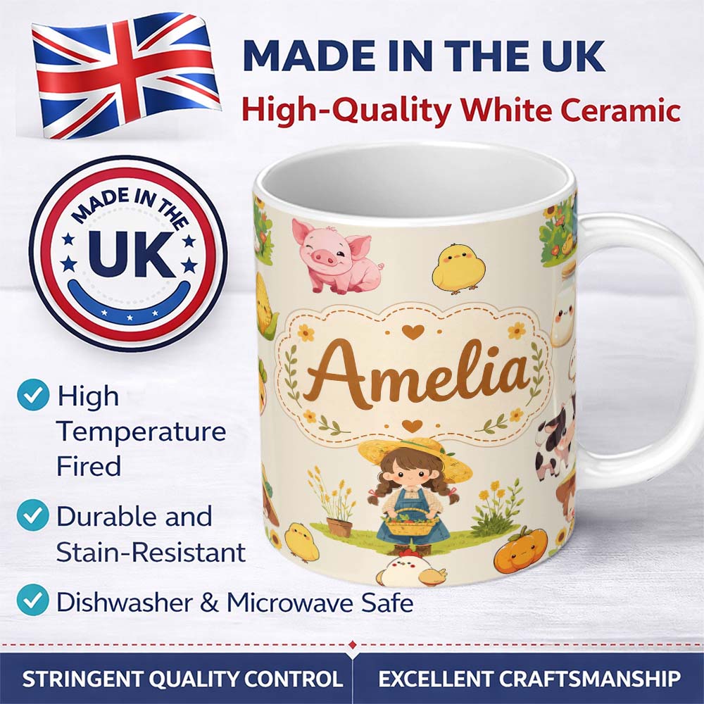 Personalized Custom Name Cute Farm Girl Animals Harvest Seamless Pattern Cream Background 11oz Ceramic Coffee Tea Mug White Large Handle