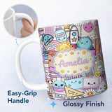 Personalized Custom Name Cute Kawaii School Supplies Science Art Cute Pattern Purple Lovely 11oz Ceramic Coffee Tea Mug White Large Handle