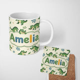 Personalized Custom Name Cute Cartoon Crocodiles Jungle Leaves Playful Animal Seamless Lovely 11oz Ceramic Coffee Tea Mug White Large Handle