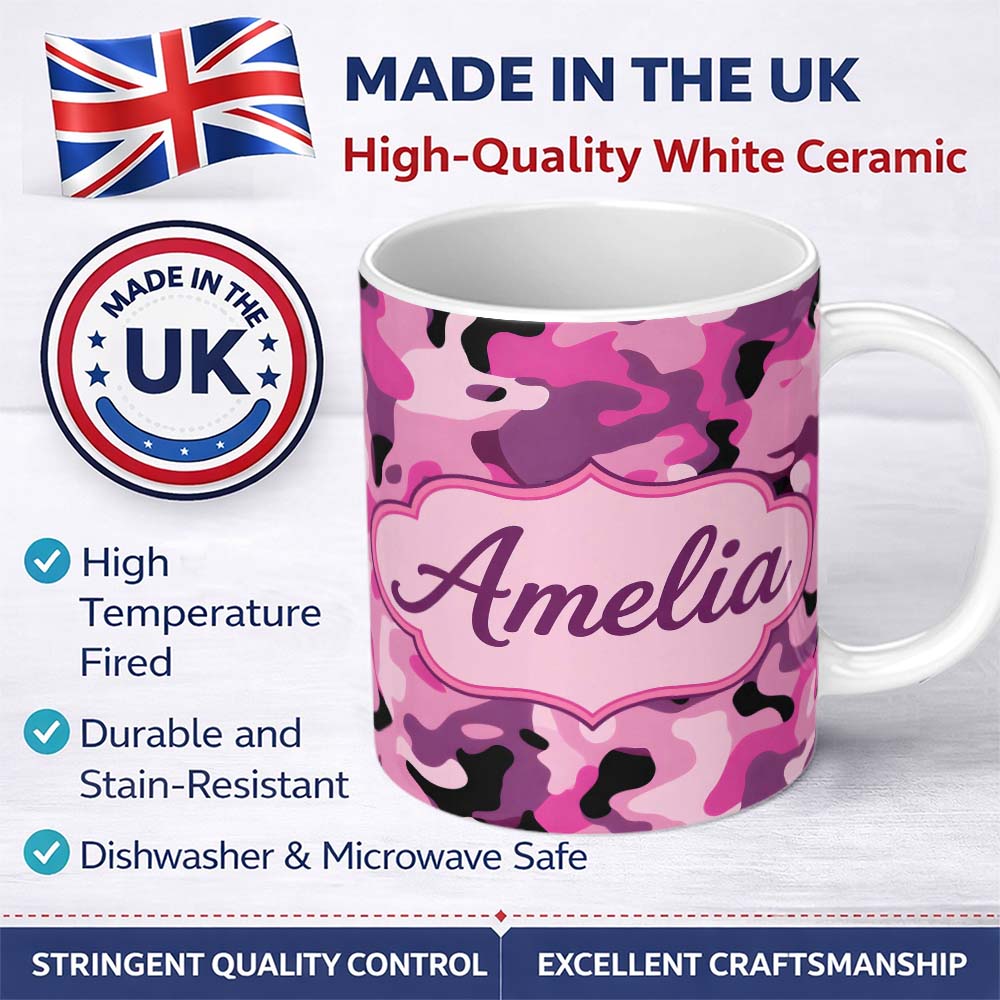 Personalized Custom Name Pink Purple Camouflage Fashion Style Seamless Pattern Lovely 11oz Ceramic Coffee Tea Mug White Large Handle