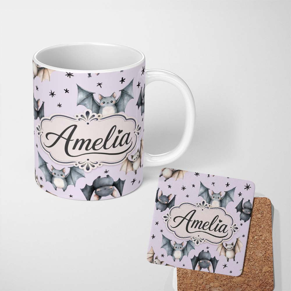Personalized Custom Name Cute Watercolor Bats and Stars Seamless Pattern Pastel Lilac Lovely 11oz Ceramic Coffee Tea Mug White Large Handle