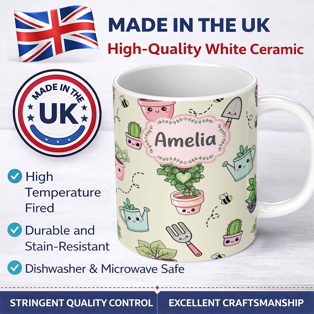 Personalized Custom Name Cute Kawaii Garden Tools Plants Bees Seamless Pattern Cream Lovely 11oz Ceramic Coffee Tea Mug White Large Handle