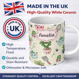 Personalized Custom Name Cute Kawaii Garden Tools Plants Bees Seamless Pattern Cream Lovely 11oz Ceramic Coffee Tea Mug White Large Handle