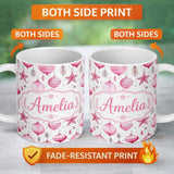 Personalized Custom Name Stylish Pink Baubles Stars Holiday Decoration Seamless Pattern 11oz Ceramic Coffee Tea Mug White Large Handle