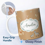 Personalized Custom Name Cute Safari Animals Giraffe Lion Zebra on Brown Background Seamless 11oz Ceramic Coffee Tea Mug White Large Handle