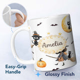 Personalized Custom Name Halloween Witch Girl with Black Cats Moon and Stars Greys Lovely 11oz Ceramic Coffee Tea Mug White Large Handle