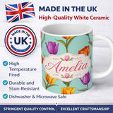 Personalized Custom Name Elegant Tulip Floral Seamless Pattern Teal Background Spring Flowers 11oz Ceramic Coffee Tea Mug White Large Handle