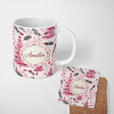 Personalized Custom Name Watercolor Pink Christmas Tree Berry Branch Seamless Pattern Lovely 11oz Ceramic Coffee Tea Mug White Large Handle