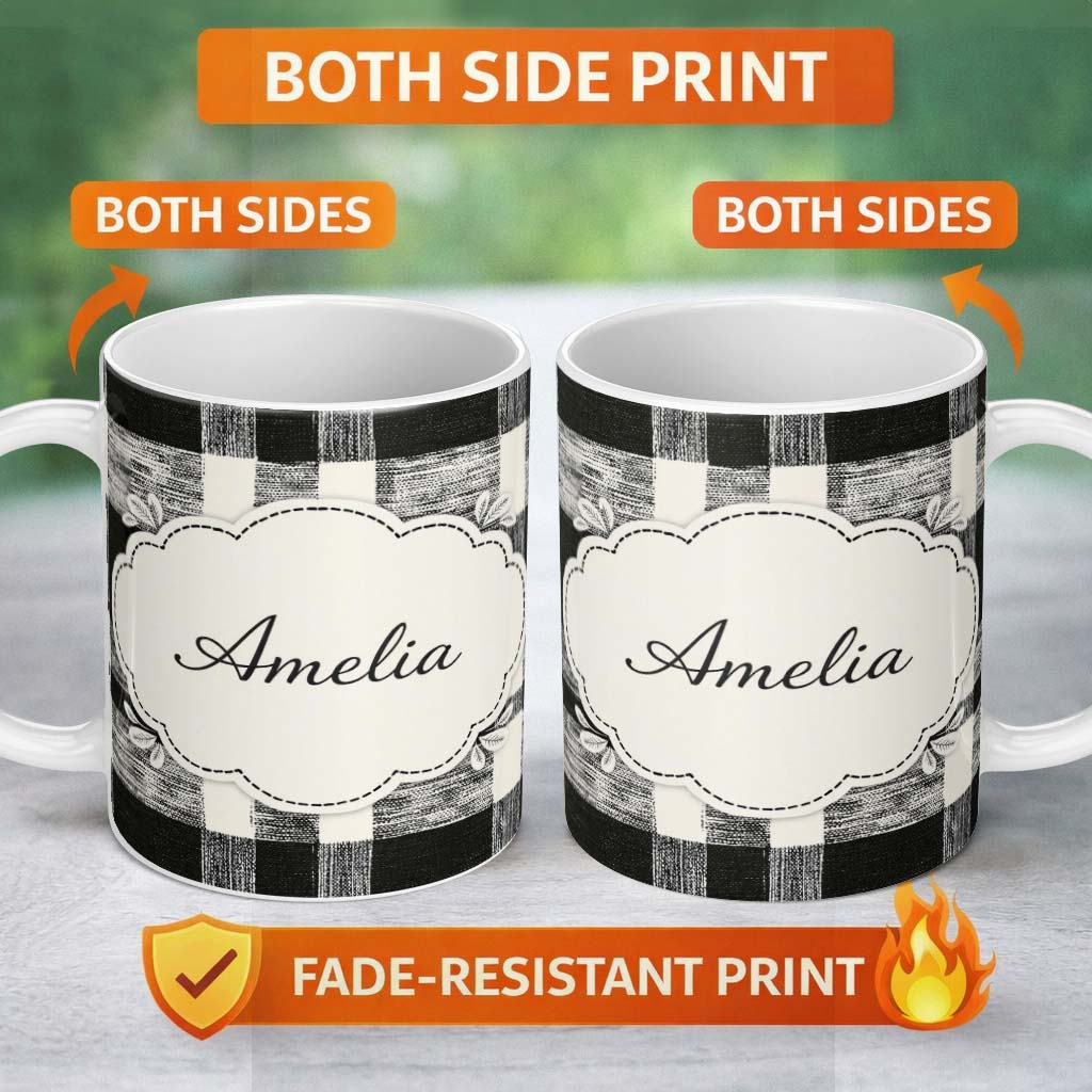 Personalized Custom Name Textured Brush Check Black Cream Abstract Grid Pattern Lovely 11oz Ceramic Coffee Tea Mug White Large Handle