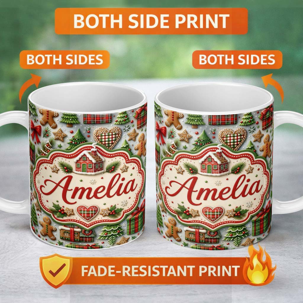 Personalized Custom Name Festive Christmas Gingerbread House Cookies Trees Seamless Pattern 11oz Ceramic Coffee Tea Mug White Large Handle