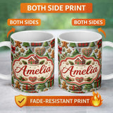 Personalized Custom Name Festive Christmas Gingerbread House Cookies Trees Seamless Pattern 11oz Ceramic Coffee Tea Mug White Large Handle