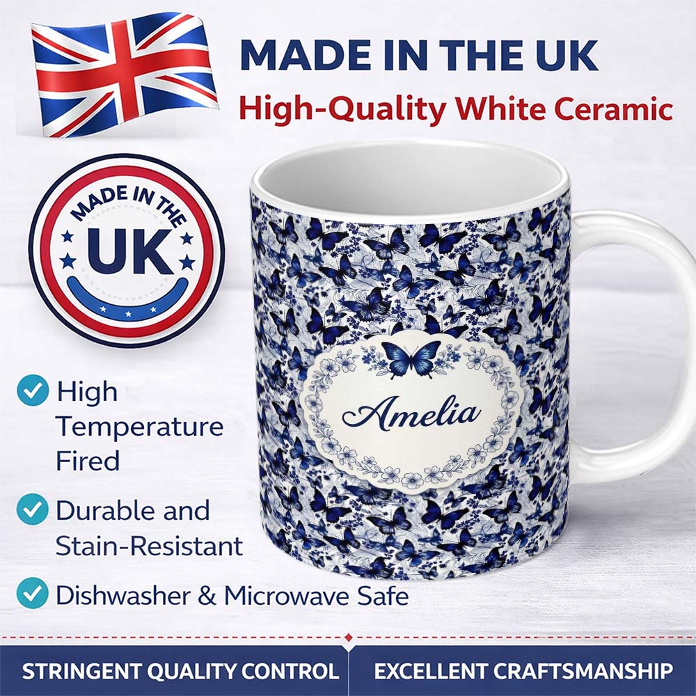 Personalized Custom Name Blue Butterfly Garden Floral Detailed Seamless Pattern Lovely 11oz Ceramic Coffee Tea Mug White Large Handle
