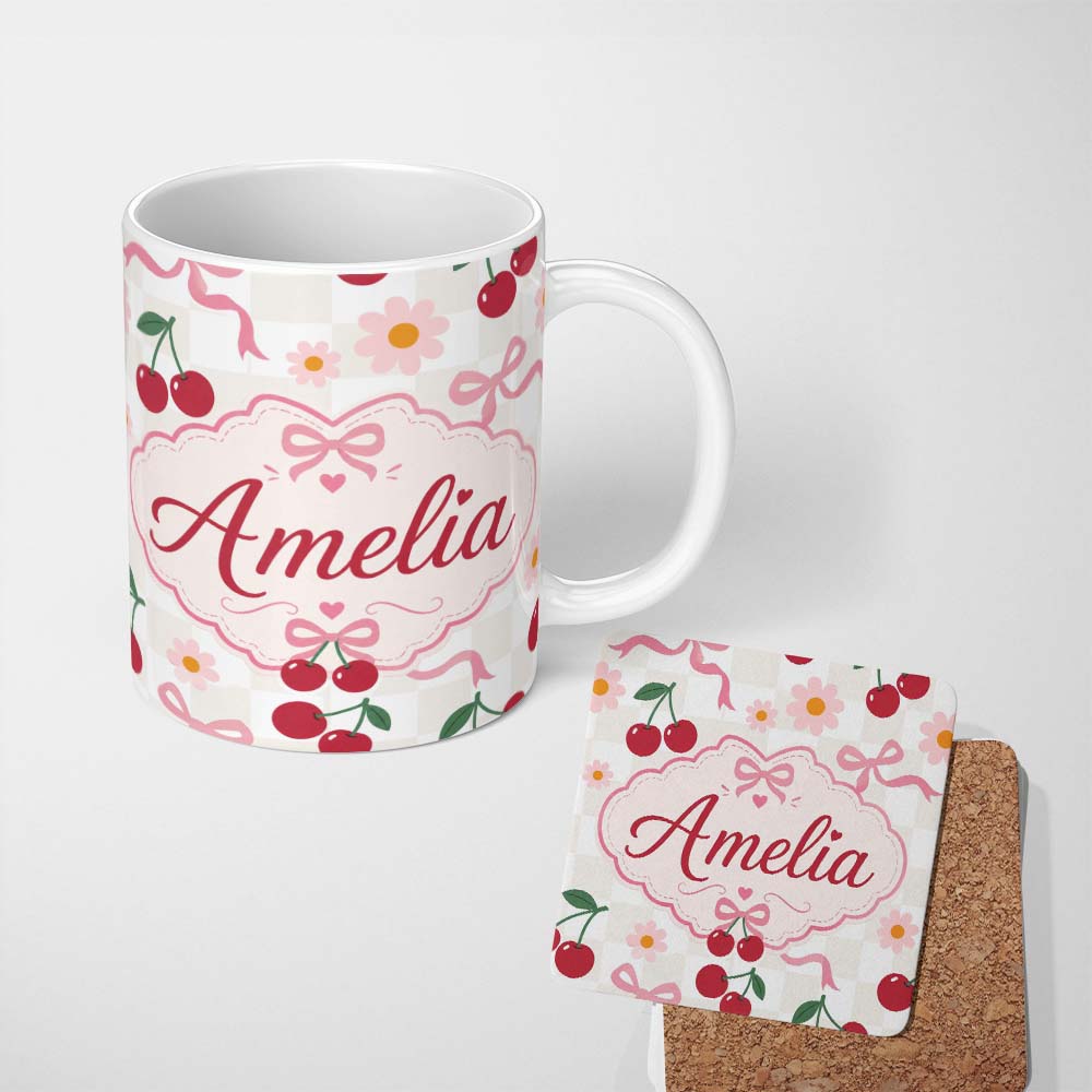 Personalized Custom Name Cute Cherry and Daisy Flowers with Pink Ribbon Bows Neutral Check 11oz Ceramic Coffee Tea Mug White Large Handle