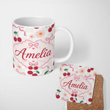 Personalized Custom Name Cute Cherry and Daisy Flowers with Pink Ribbon Bows Neutral Check 11oz Ceramic Coffee Tea Mug White Large Handle