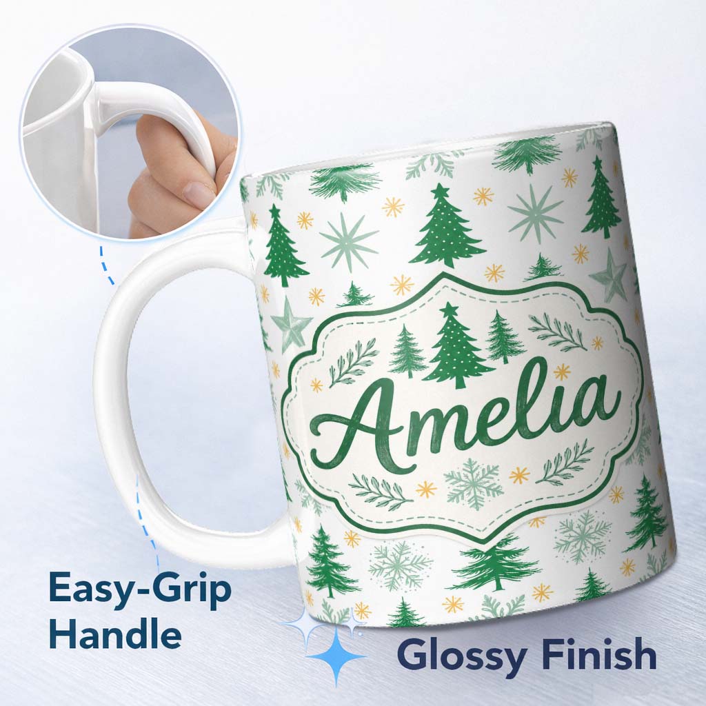 Personalized Custom Name Minimal Christmas Trees with Snowflakes and Starbursts Seamless 11oz Ceramic Coffee Tea Mug White Large Handle