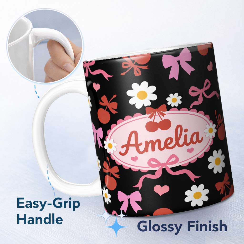 Personalized Custom Name Cute Cherry Bow Heart with Yellow Floral Detail on Grey Background 11oz Ceramic Coffee Tea Mug White Large Handle