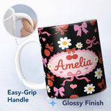 Personalized Custom Name Cute Cherry Bow Heart with Yellow Floral Detail on Grey Background 11oz Ceramic Coffee Tea Mug White Large Handle
