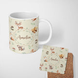 Personalized Custom Name Forest Animals Bear Deer Fox Owl Raccoon on Warm Beige Seamless 11oz Ceramic Coffee Tea Mug White Large Handle