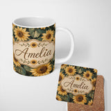 Personalized Custom Name Rich Painterly Sunflower Floral Dark Background Seamless Pattern 11oz Ceramic Coffee Tea Mug White Large Handle