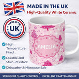Personalized Custom Name Cute Pink Christmas Tree Star Snowflake Seamless Pattern Lovely 11oz Ceramic Coffee Tea Mug White Large Handle